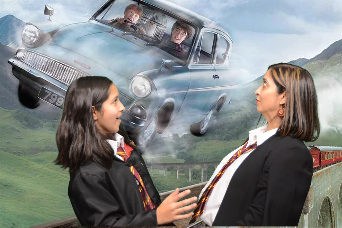 Guests photographed in front of a digitally replaced green-screen scene